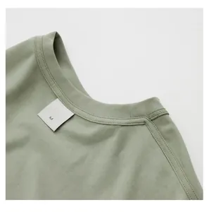 Close-up detail of sage green t-shirt neckline showing stitching and size M tag