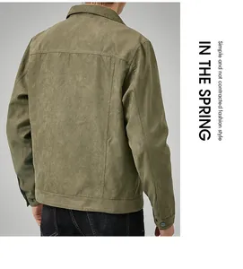 Close-up back view of men's olive green suede jacket featuring brushed fabric texture
