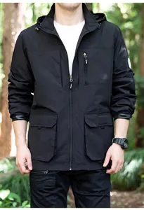 Men's outdoor windbreaker jacket in black with detachable hood and utility pockets