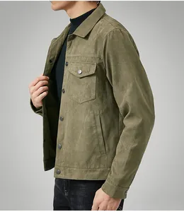 Detail of men's olive green suede jacket with brushed texture and classic turn-down collar