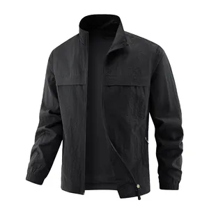 Men's black lightweight windbreaker jacket with stand collar and full zip closure
