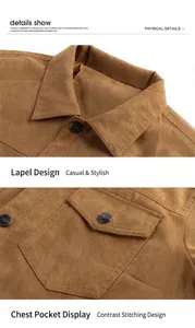 Close-up details of brown suede men's jacket showing lapel and chest pocket stitching.