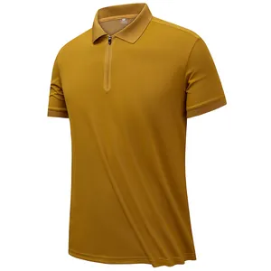 Men's mustard yellow ice silk quick-dry polo shirt featuring a modern zipper placket