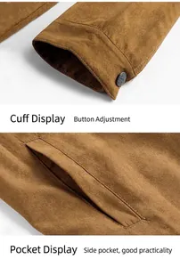 Detailed view of suede jacket cuffs with adjustable buttons and functional side pockets