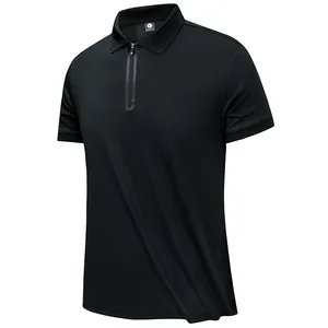 Men's black ice silk quick-dry Polo shirt with quarter zip and stand collar