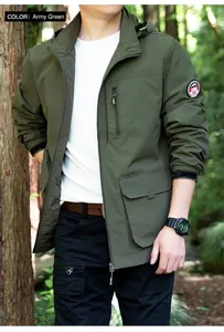 Detailed close-up view of army green men's windproof outdoor jacket with functional pockets
