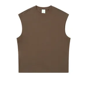 Men's loose fit brown sleeveless cotton vest with round neck in street style design