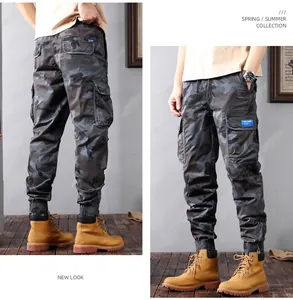 Front and back view of unisex camouflage cargo jogger pants with multiple pockets