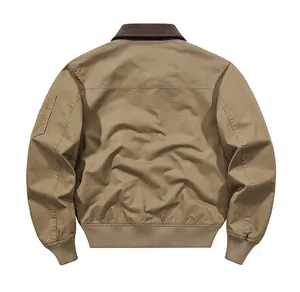 Rear view detail of khaki washed cotton bomber jacket with corduroy collar and ribbed cuffs