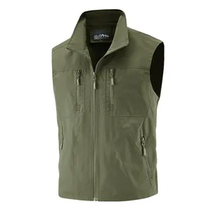 Lightweight men's olive green outdoor fishing vest with multi-pocket cargo design