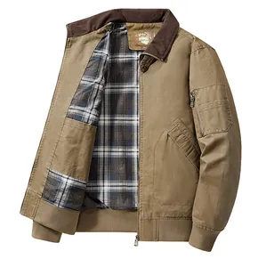 Detailed view of men's washed cotton MA-1 flight jacket with plaid lining and corduroy collar