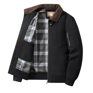 Detail of men's black flight jacket featuring a corduroy collar and plaid inner lining