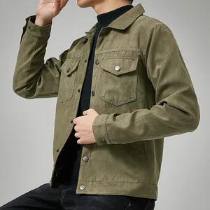 Stylish olive green men's casual suede jacket featuring chest pockets and classic metal buttons