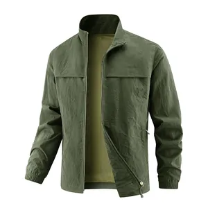 Men's lightweight olive green spring jacket with mesh lining and stand-up collar