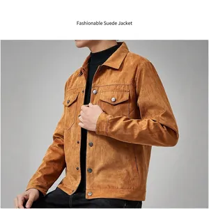 Stylish brown faux suede jacket for men featuring classic collar and functional pockets