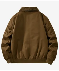 Back view of men's washed cotton bomber jacket featuring a warm lamb fleece collar