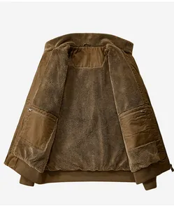 Detailed view of warm brown lamb fleece lining in men's winter flight bomber jacket