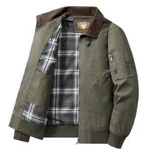 Men's Vintage Washed Cotton Bomber Jacket MA1 Flight Jacket With Corduroy Collar Checkered Lining Multi-Pocket Casual Outwear Top