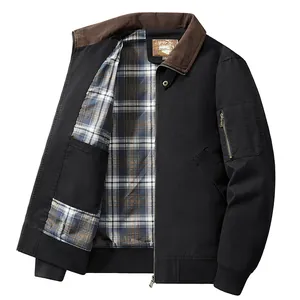Men's washed cotton bomber jacket with classic plaid lining and corduroy collar.