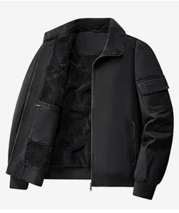 Detailed view of men's washed cotton flight jacket with warm black sherpa lining