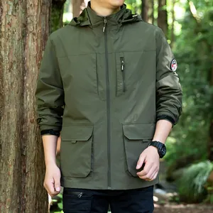 Men's olive green windproof outdoor jacket with detachable hood and large pockets