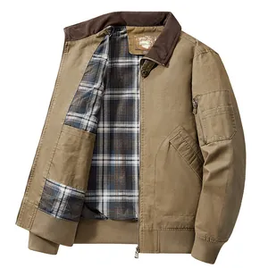 Premium men's washed cotton MA1 flight jacket featuring classic plaid lining and ribbed cuffs