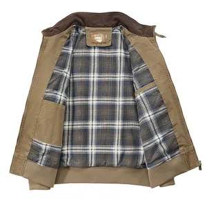 Men's classic washed cotton flight bomber jacket featuring plaid lining and ribbed cuffs
