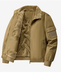 Men's winter flight jacket with warm lamb wool lining, washed cotton bomber jacket.