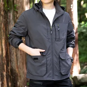 Men's lightweight windproof outdoor leisure jacket with detachable hood in dark grey