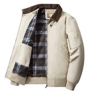 Classic men's washed cotton MA1 bomber flight jacket with a plaid lining detail