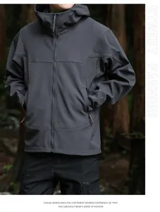 Vue détaillée de la veste softshell à capuche grise au design fonctionnel élégant