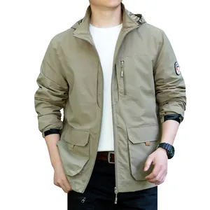 Men's lightweight windproof outdoor jacket in khaki with detachable hood and zip pockets