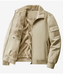 Detail view of khaki men's flight jacket showing warm lambswool fleece lining texture.