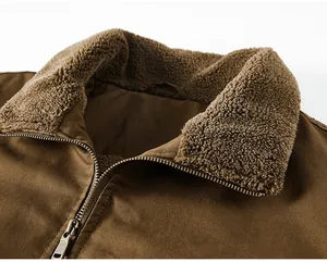 Macro detail view of brown flight jacket with soft sherpa fleece collar and metal zipper