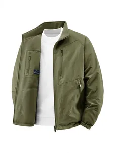 Men's olive green outdoor fleece-lined jacket with stand collar and zipper pockets