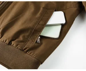 Close-up of brown cotton flight jacket pocket showing storage capacity