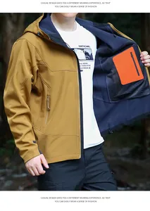Vue détaillée de la veste softshell marron pour homme montrant la poche intérieure orange