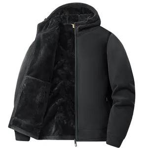 Chaqueta de forro polar con capucha para hombre con forro térmico grueso negro