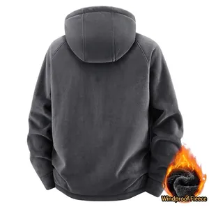 Men's oversized thermal hooded fleece jacket back view in grey windproof material.