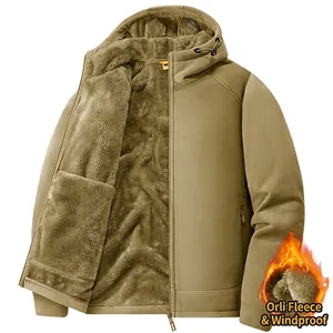 Chaqueta de hombre caqui con capucha y forro polar grueso extra cálido para exterior
