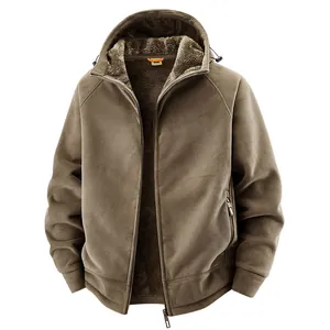 Men's heavyweight warm fleece hooded jacket with plush lining in classic brown.