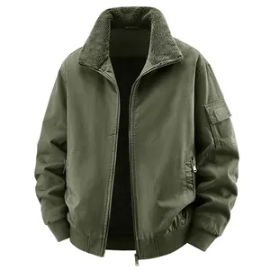 Men's Washed Cotton Flight Jacket Sherpa Lined Bomber Outerwear Winter Warm Thick Workwear Coat Long Sleeve Zip Up Top