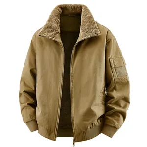 Men's washed cotton flight jacket with sherpa fleece lining and warm collar for winter