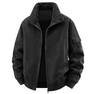 Men's black washed cotton flight jacket featuring warm sherpa fleece collar and lining