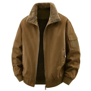 Men's brown washed cotton bomber jacket featuring warm sherpa fleece lining and ribbed cuffs