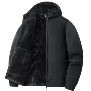Men's thermal black hooded jacket with thick polar fleece lining for winter warmth