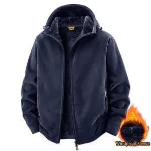 Navy blue men's hooded windproof fleece jacket featuring a thick warm interior lining