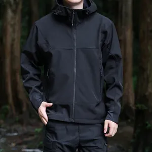Veste à capuche softshell noire pour homme, coupe-vent tactique d'extérieur pour le printemps