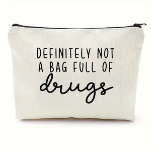 Humorous Letter Printed Canvas Makeup Bag Zippered Toiletry Pouch For Women Travel Cosmetic Storage Bag Beige Canvas Slogan Purse