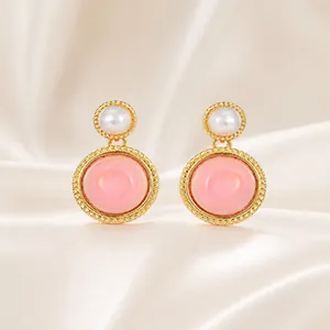 Pendientes redondos rosas elegantes con perla y aguja de plata S925 mujer
